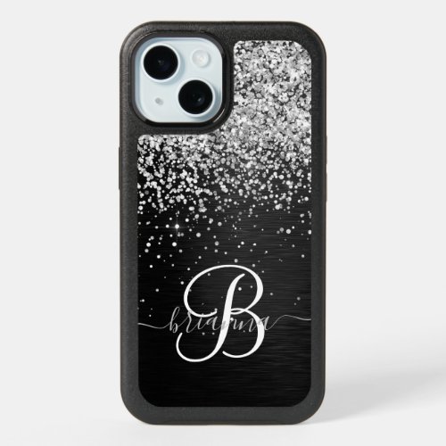  Custom Silver Glitter Black Sparkle Monogram iPhone 15 Case