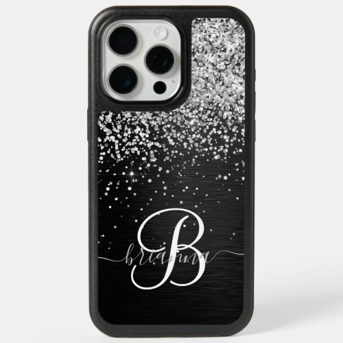 Custom Silver Glitter Black Sparkle Monogram iPhone 15 Pro Max Case