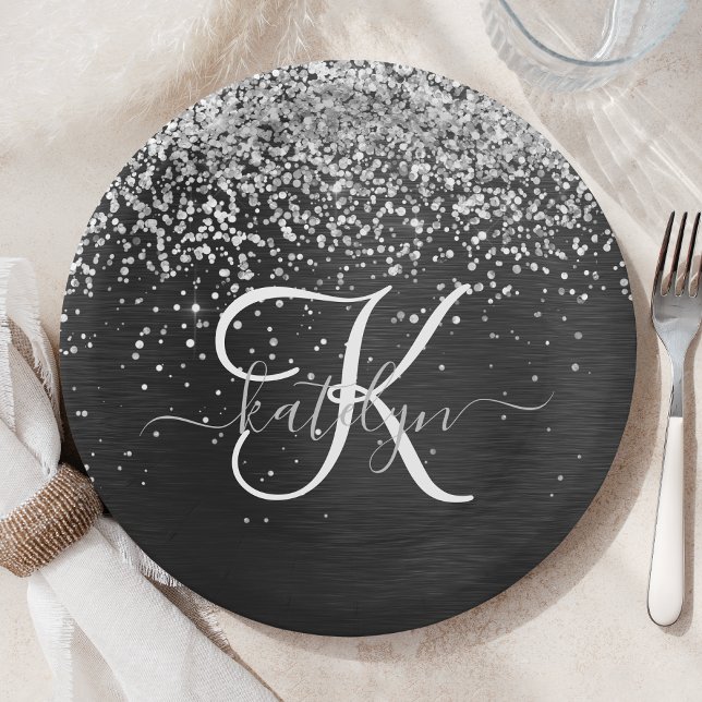 Custom Silver Glitter Black Sparkle Monogram Paper Plates (Creator Uploaded)