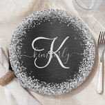 Custom Silver Glitter Black Sparkle Monogram Paper Plates<br><div class="desc">Easily personalize this trendy elegant paper plate design featuring pretty silver sparkling glitter on a black brushed metallic background.</div>