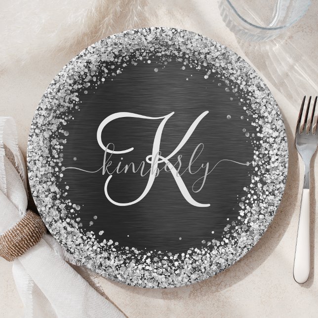 Custom Silver Glitter Black Sparkle Monogram Paper Plates (Creator Uploaded)