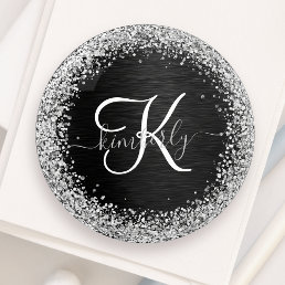 Custom Silver Glitter Black Sparkle Monogram Paperweight