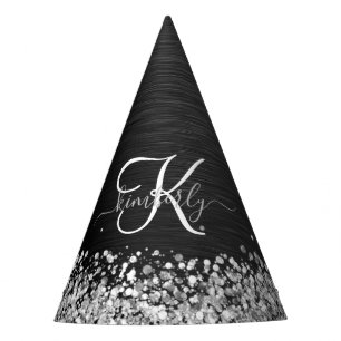 Custom Silver Glitter Black Sparkle Monogram Party Hat
