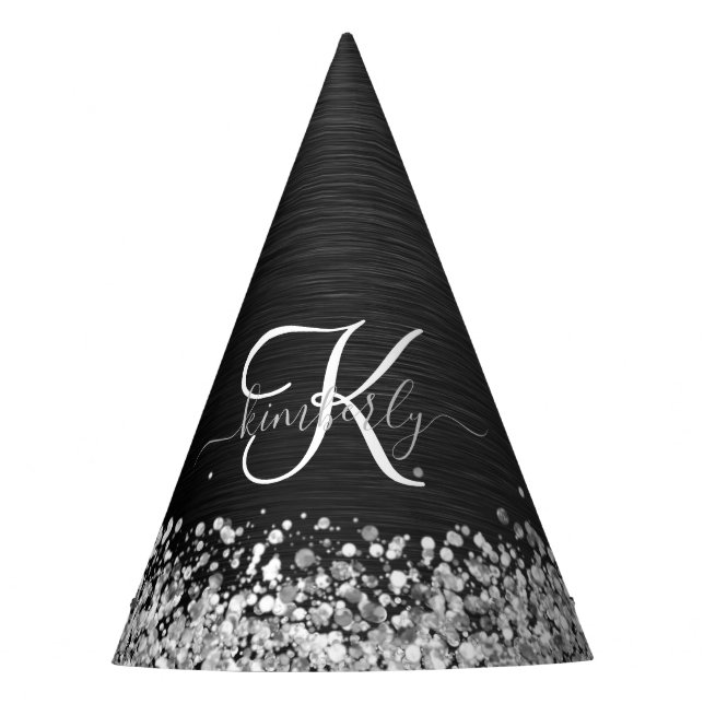 Custom Silver Glitter Black Sparkle Monogram Party Hat (Front)