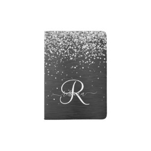 Custom Silver Glitter Black Sparkle Monogram Passport Holder
