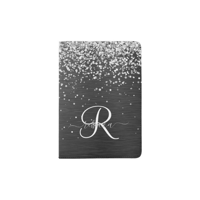 Custom Silver Glitter Black Sparkle Monogram Passport Holder (Front)