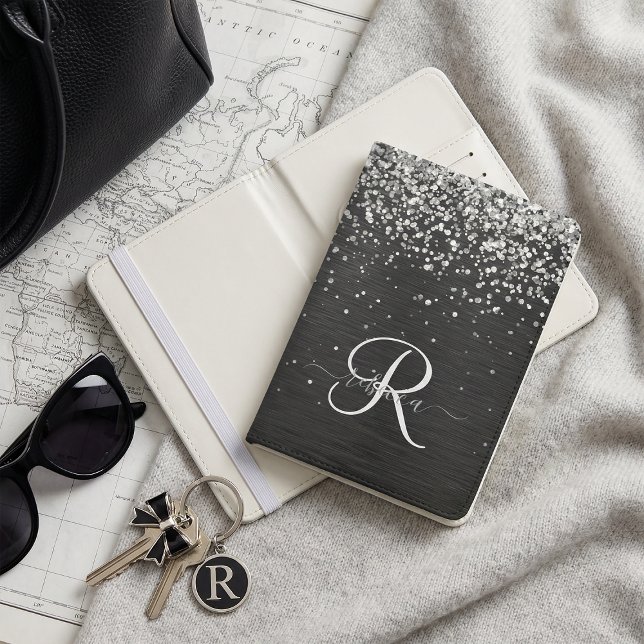 Custom Silver Glitter Black Sparkle Monogram Passport Holder (Creator Uploaded)