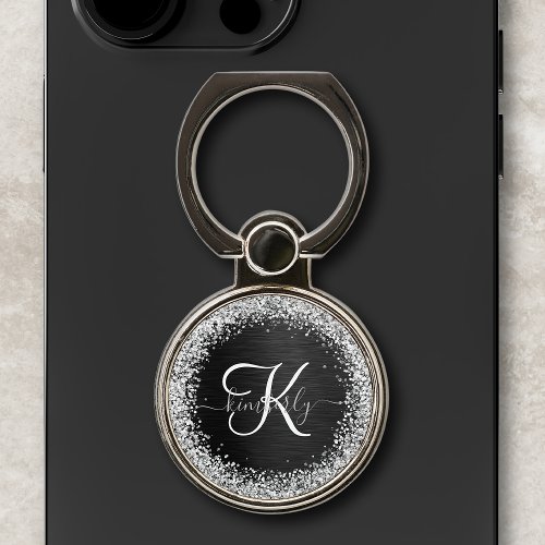 Custom Silver Glitter Black Sparkle Monogram Phone Ring Stand