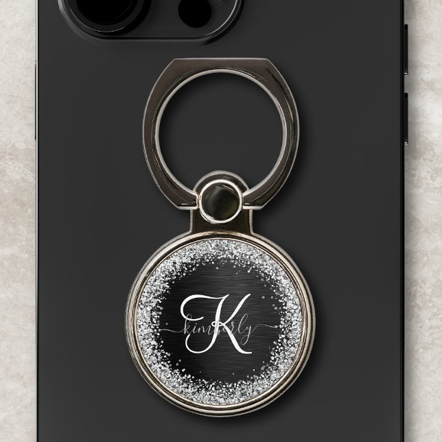 Custom Silver Glitter Black Sparkle Monogram Phone Ring Stand (Creator Uploaded)