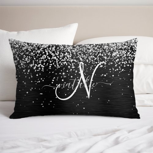 Custom Silver Glitter Black Sparkle Monogram Pillow Case