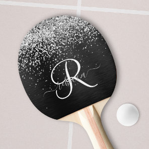 Custom Silver Glitter Black Sparkle Monogram Ping Pong Paddle