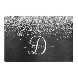 Custom Silver Glitter Black Sparkle Monogram Placemat