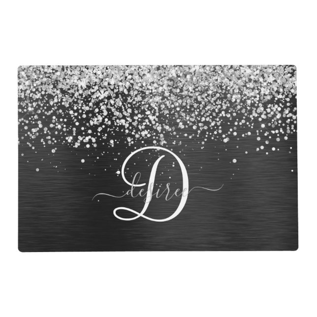 Custom Silver Glitter Black Sparkle Monogram Placemat (Front)
