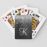 Custom Silver Glitter Black Sparkle Monogram Playing Cards