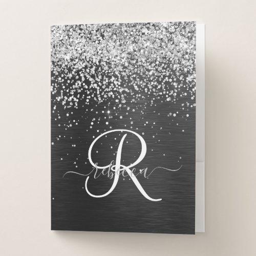 Custom Silver Glitter Black Sparkle Monogram Pocket Folder