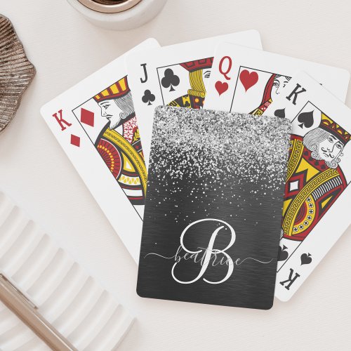 Custom Silver Glitter Black Sparkle Monogram Poker Cards