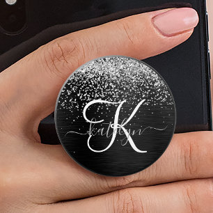 Custom Silver Glitter Black Sparkle Monogram PopSocket