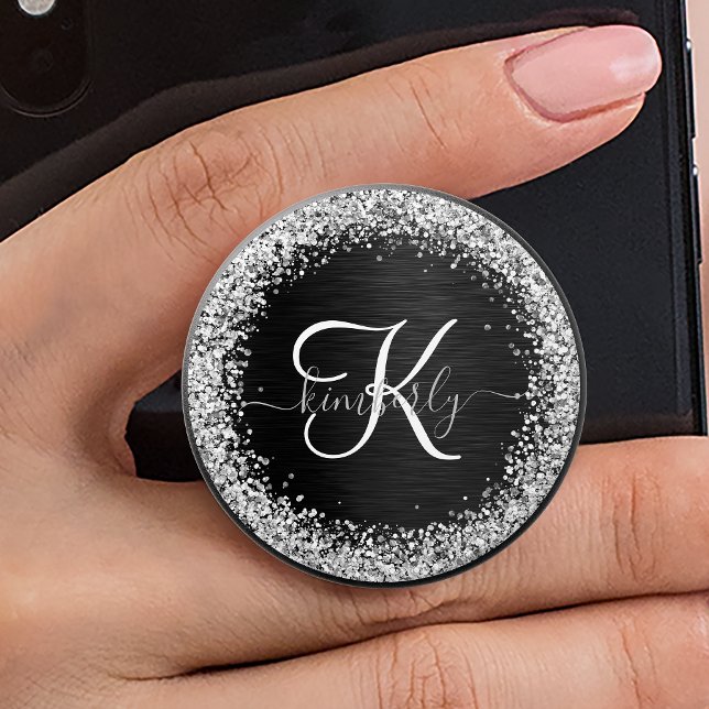 Custom Silver Glitter Black Sparkle Monogram PopSocket (Creator Uploaded)