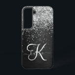 Custom Silver Glitter Black Sparkle Monogram Samsung Galaxy S22 Case<br><div class="desc">Easily personalize this trendy elegant phone case design featuring pretty silver sparkling glitter on a black brushed metallic background.</div>
