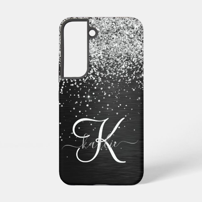  Custom Silver Glitter Black Sparkle Monogram Samsung Galaxy Case (Back)