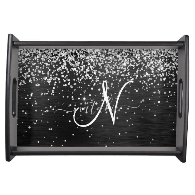 Custom Silver Glitter Black Sparkle Monogram Serving Tray (Front)
