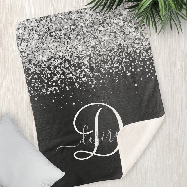  Custom Silver Glitter Black Sparkle Monogram Sherpa Blanket (Creator Uploaded)