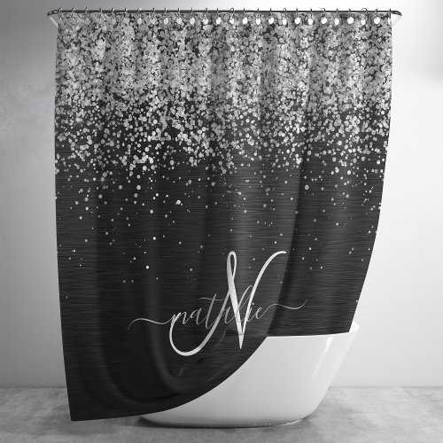 Custom Silver Glitter Black Sparkle Monogram Shower Curtain