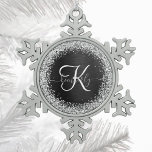 Custom Silver Glitter Black Sparkle Monogram Snowflake Pewter Christmas Ornament<br><div class="desc">Easily personalize this trendy elegant christmas ornament design featuring pretty silver sparkling glitter on a black brushed metallic background.</div>