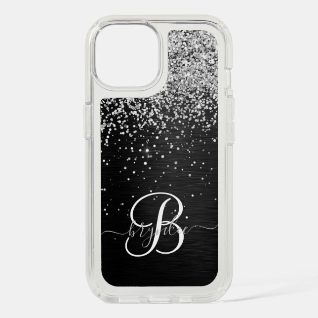 Custom Silver Glitter Black Sparkle Monogram Speck iPhone Case (Front)