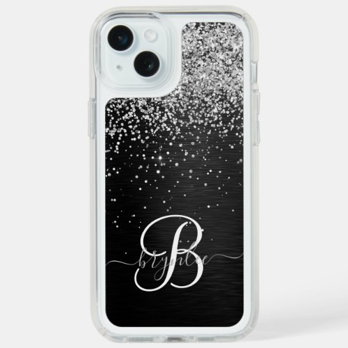 Custom Silver Glitter Black Sparkle Monogram iPhone 15 Plus Case