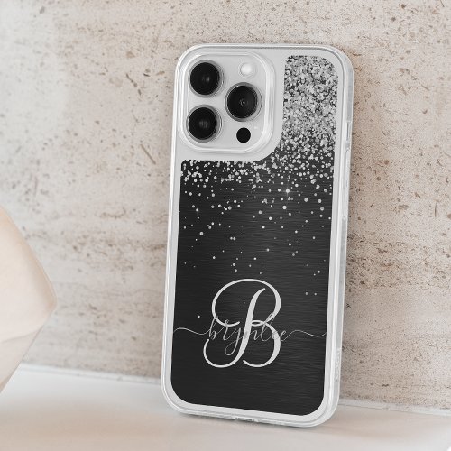 Custom Silver Glitter Black Sparkle Monogram iPhone 15 Pro Case