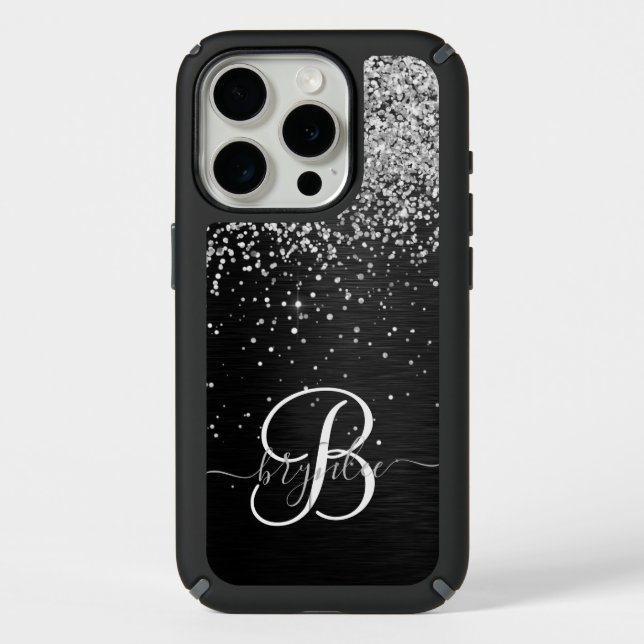 Custom Silver Glitter Black Sparkle Monogram Speck iPhone Case (Front)