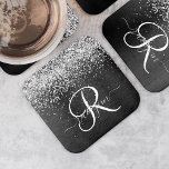 Custom Silver Glitter Black Sparkle Monogram Square Paper Coaster<br><div class="desc">Easily personalize this trendy elegant square paper coaster design featuring pretty silver sparkling glitter on a black brushed metallic background.</div>