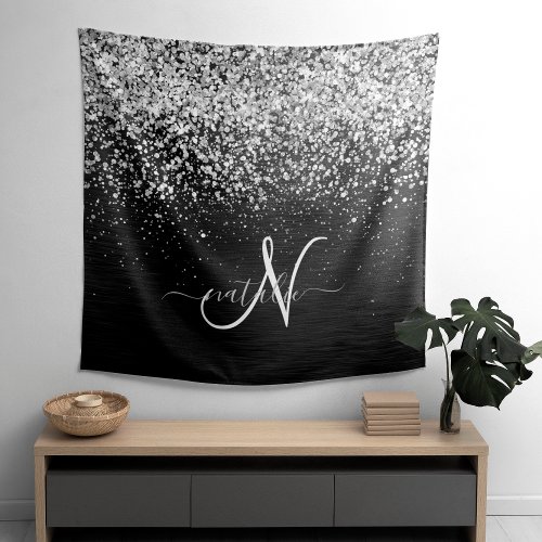 Custom Silver Glitter Black Sparkle Monogram Tapestry