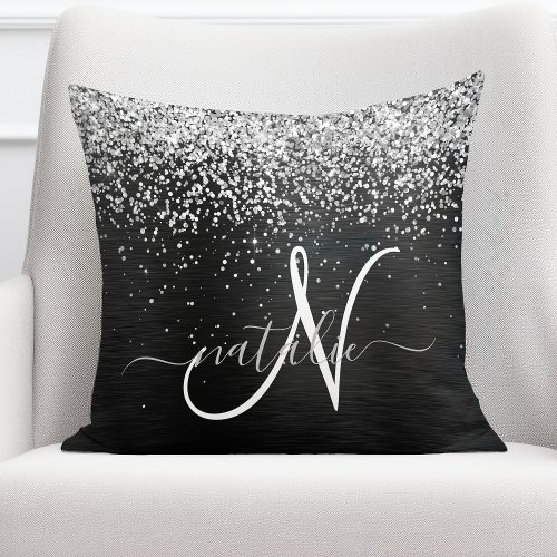 Custom Silver Glitter Black Sparkle Monogram Throw Pillow