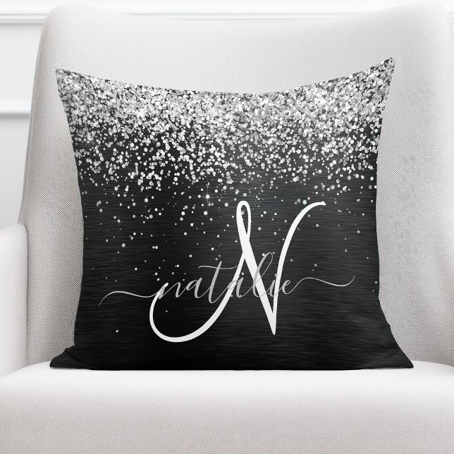 Custom Silver Glitter Black Sparkle Monogram Throw Pillow (Creator Uploaded)