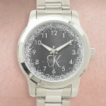 Custom Silver Glitter Black Sparkle Monogram Watch<br><div class="desc">Easily personalize this trendy elegant watch design featuring pretty silver sparkling glitter on a black brushed metallic background.</div>