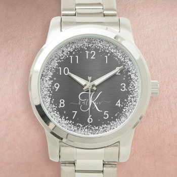 Custom Silver Glitter Black Sparkle Monogram Watch by sweetbirdiestudio at Zazzle