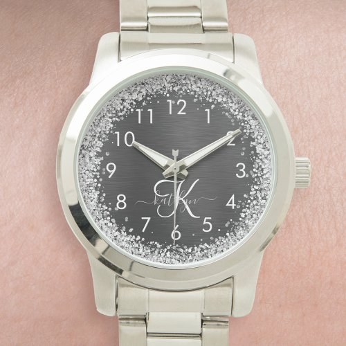  Custom Silver Glitter Black Sparkle Monogram Watch