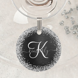 Custom Silver Glitter Black Sparkle Monogram Wine Charm