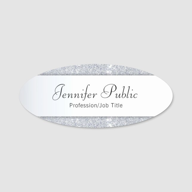 Custom Silver Glitter Elegant Handwritten Template Name Tag (Front)