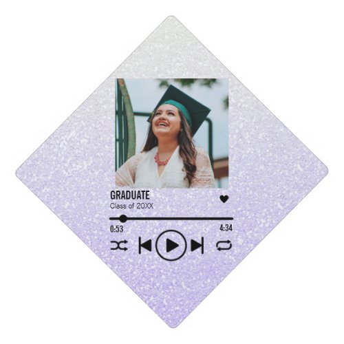 Custom Silver Glitter Graduate Photo Song Playlist Graduation Cap Topper