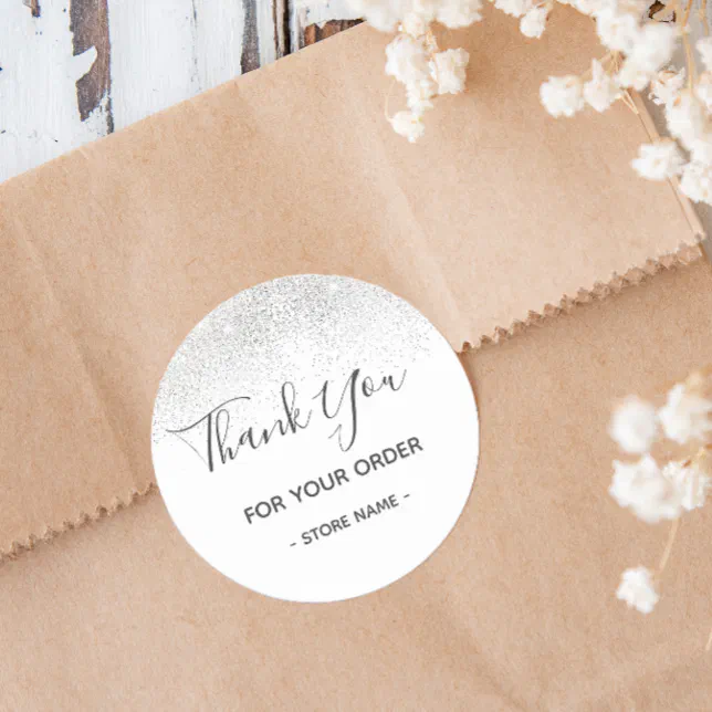 Custom Silver Glitter Order Thank You Classic Round Sticker | Zazzle