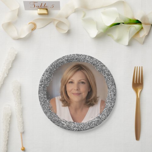 Custom Silver Glitter Photo Birthday Party Paper Plates