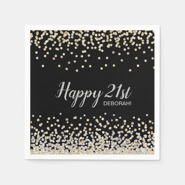 Custom Silver Gold Confetti 21st Birthday Party Napkins (Front)
