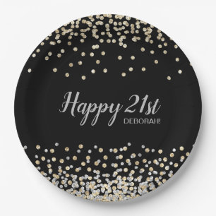 Custom Silver Gold Confetti 21st Birthday Party Paper Plates