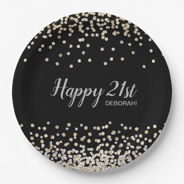 Custom Silver Gold Confetti 21st Birthday Party Paper Plates (Front)