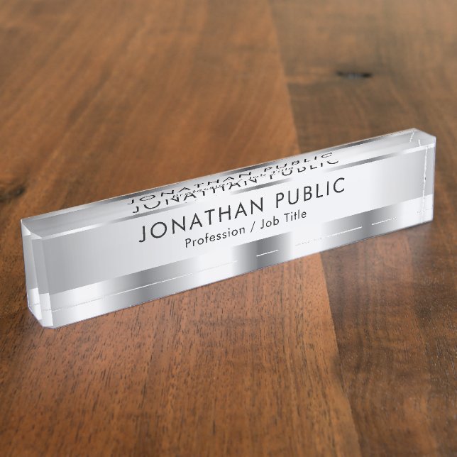Custom Silver Look Glamorous Elegant Modern Desk Name Plate (Side)