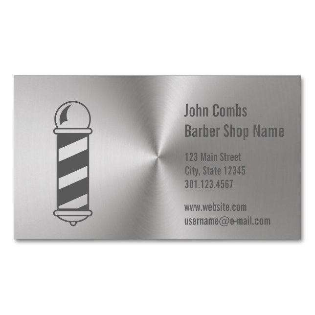 Custom Silver Metal Look Barber Business Card Magnet (Front)