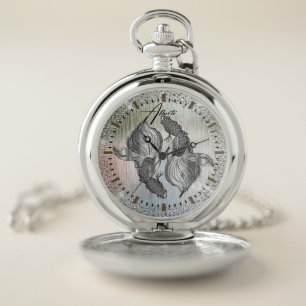 Custom silver pocket clock with fish watch